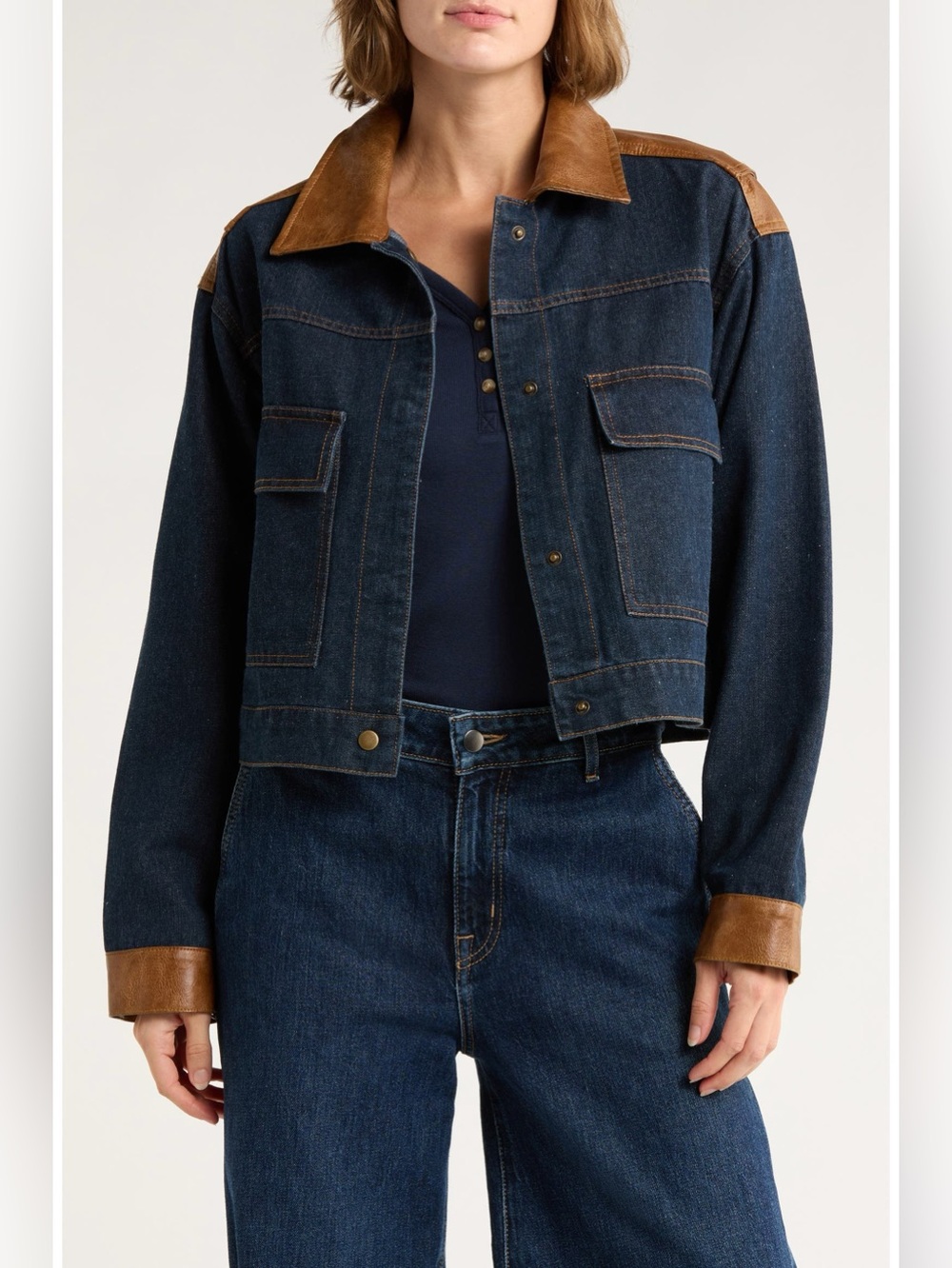 VIGOSS Western Denim Trucker Jacket Faux Leather Trim Women’s XL NWT